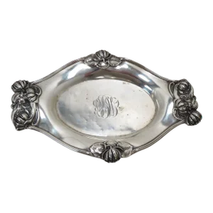 Fancy Antique Unger Brothers Art Nouveau Sterling Silver Trinket Tray With Bold High Relief Flowers
