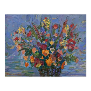 Isaac Maimon, Large Vibrant Oil Painting Colorful Vase of Flowers Israeli Artist Isaac Maimon