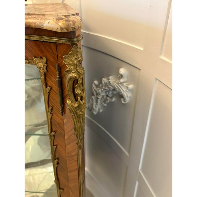 Brown Antique French Kingwood Serpentine Corner Display Cabinet with Marble Top and Ormolu Mounts, 1860 For Sale - Image 8 of 12