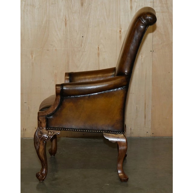Victorian Pair of Antique Heavily Carved Hand Dyed Brown Leather Throne Armchairs For Sale - Image 3 of 18