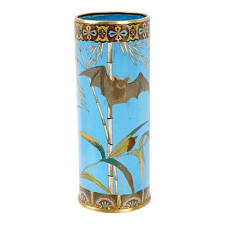 Large Japanese Cloisonne Enamel Vase Bat Bamboo Meiji Period For Sale