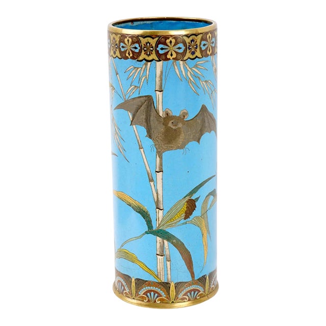 Large Japanese Cloisonne Enamel Vase Bat Bamboo Meiji Period For Sale
