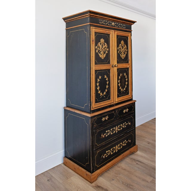 Farmhouse Mid 20th Century Scandinavian Black Painted Pine Linen Press With Hand-Painted Gustavian Folk Paint For Sale - Image 3 of 3