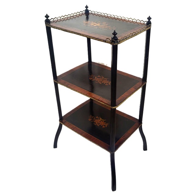 19th C French Inlaid 3 Tier Rosewood Ebony & Bronze Gallery Table Stand Etegere For Sale - Image 4 of 15