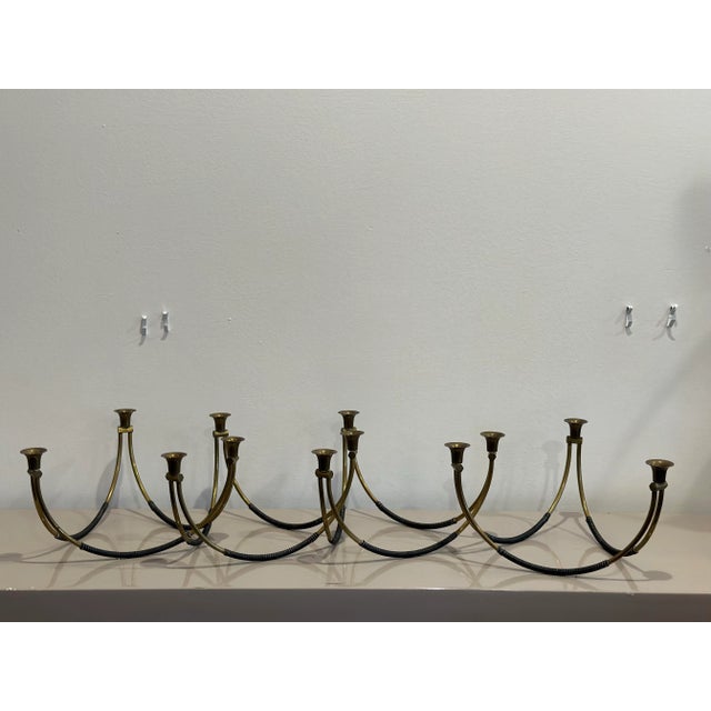 Mid-Century Modern Four Mid-Century Modern Brass and Leather Candelabra For Sale - Image 3 of 12