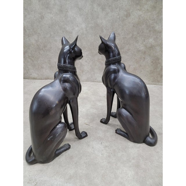 Mid 20th Century Vintage French Art Deco Style Bronze Egyptian Revival Cat Guardian Statues, Signed A. Tiot- Pair For Sale - Image 5 of 10