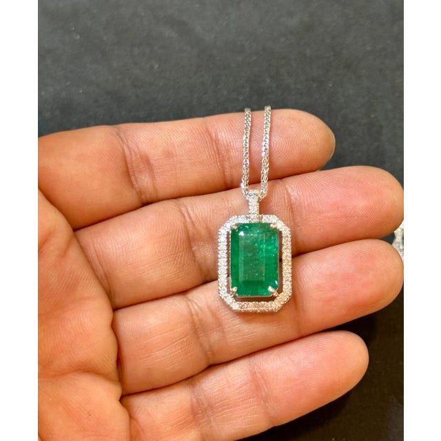 GIA Certified 8 Ct Natural Emerald Cut Emerald & Diamond Pendant, 14KWG Chain For Sale - Image 18 of 18