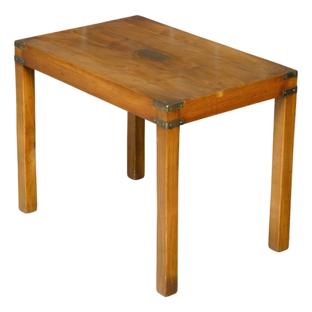 English Campaign Yew Wood 1920s Side Table with Brass Accents and Straight Legs For Sale