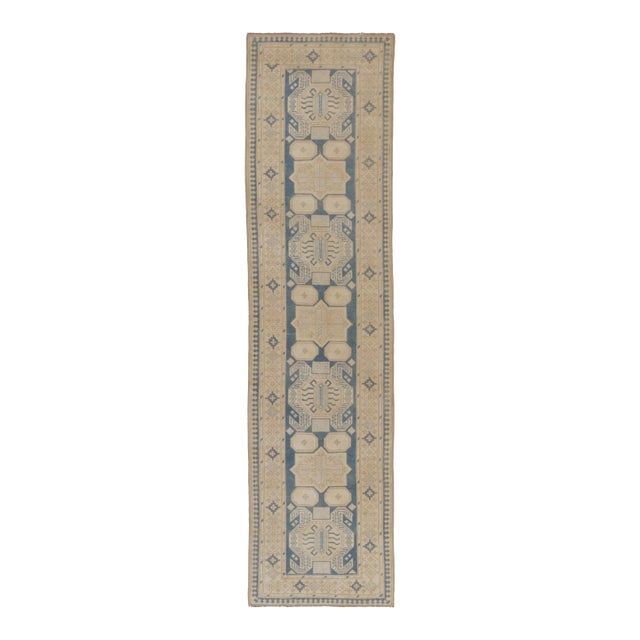 Vintage Turkish Runner With Geometric Medallions in Beige & Blue - Rug & Kilim For Sale