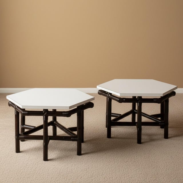 Ficks Reed Pair of Ficks Reed Dark Rattan and White Hexagon Side Tables 1950s For Sale - Image 4 of 12