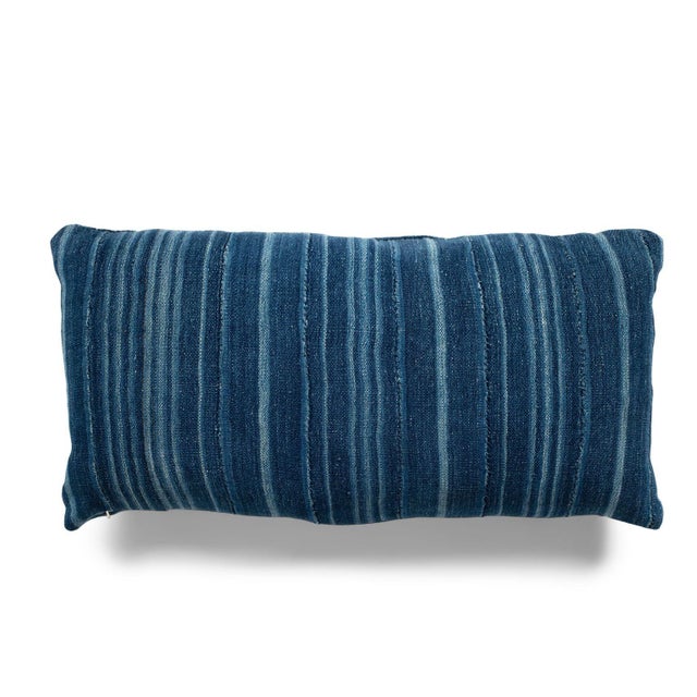 Modern Large Faded Indigo Tone-On-Tone Striped Lumbar Cushion For Sale - Image 3 of 9