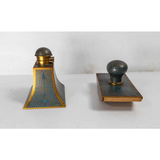 Metal 20th Century Chinese Turquoise Teal Cloisonne Enamel Desk Set For Sale - Image 7 of 15
