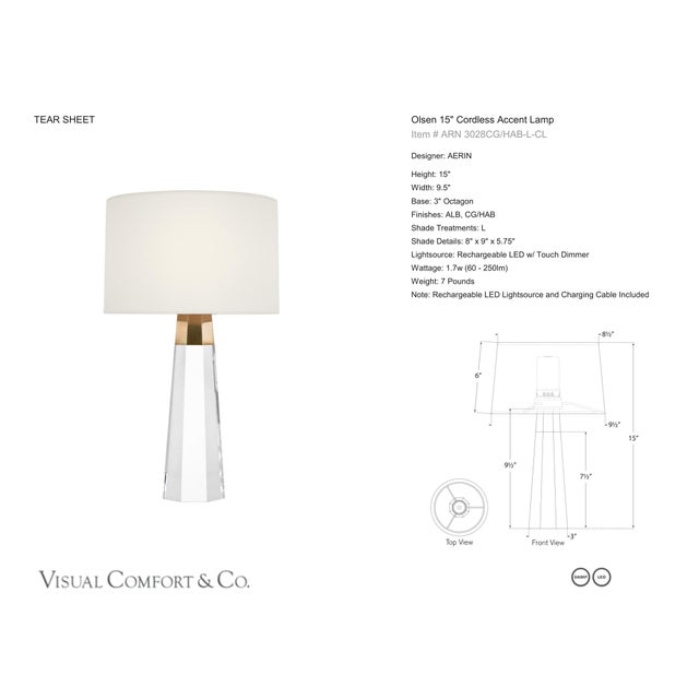AERIN by Visual Comfort Signature Olsen 15" Cordless Accent Lamp in Crystal and Hand-Rubbed Antique Brass with Linen Shade...