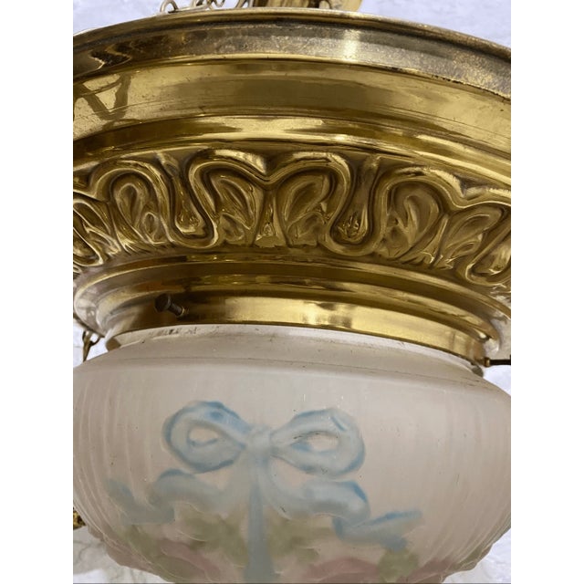 Gold Antique French Style Hand Painted Floral Glass 4 Arm Pendant Light Chandelier For Sale - Image 8 of 11