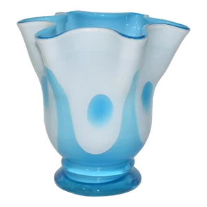 Mid Century Modern Hand Blown Cased Glass Handkerchief Vase Blue & White