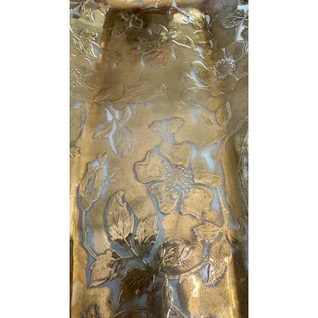 Hollywood Regency Vintage Gold Floral Embossed Glass Tray Rectangular Vanity Dresser Serving Dish For Sale - Image 3 of 7