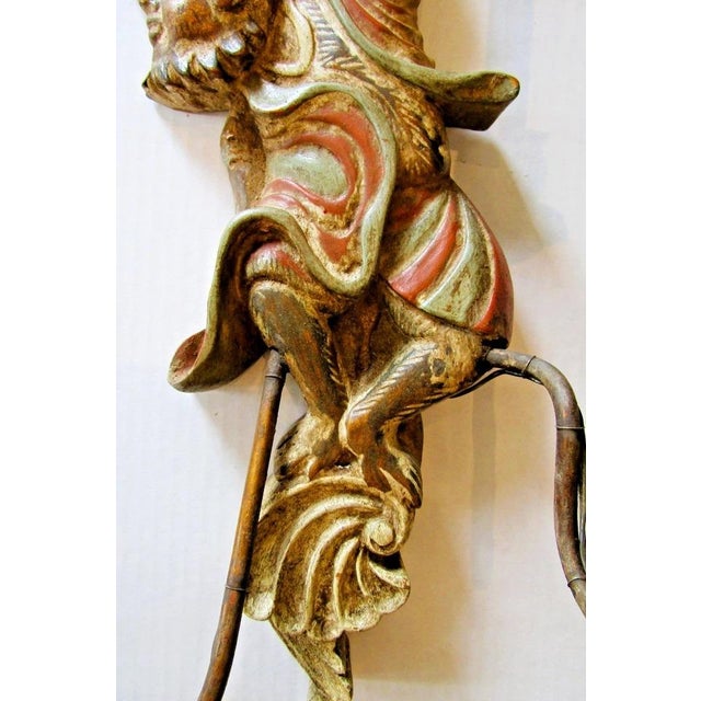 1920s Polychrome Hand Carved Wood and Iron Monkey Wall Sconces - a Pair For Sale - Image 11 of 17
