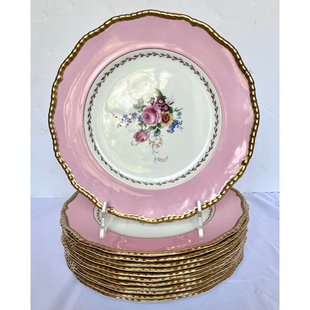 Pink Mid-20th Century Royal Doulton Pink & Gold Scalloped Dinner Plates - Set of 12 For Sale - Image 8 of 12
