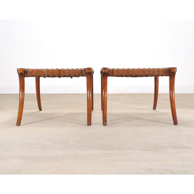 Pair of Robsjohn-Gibbings Style Walnut Klismos Rope Benches For Sale - Image 15 of 18
