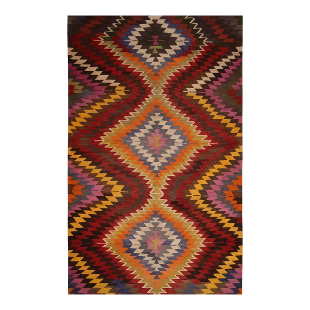 Vintage Mid-Century Diamond Beige-Brown and Green Wool Kilim Rug For Sale