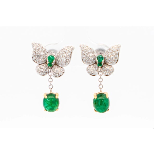 Contemporary 2.5 Carat Cabochon Cut Emerald and Diamond Butterfly Drop Earrings in 18K White For Sale - Image 3 of 8
