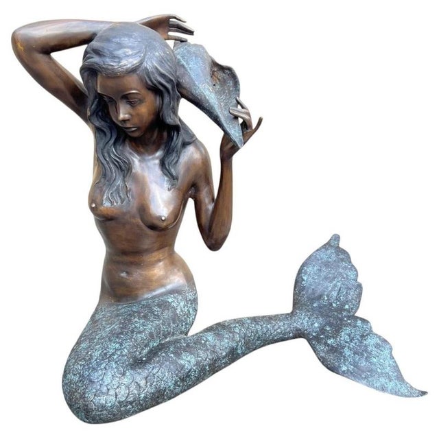 Bronze Mermaid with Conch Shell Fountain Sculpture For Sale - Image 12 of 12
