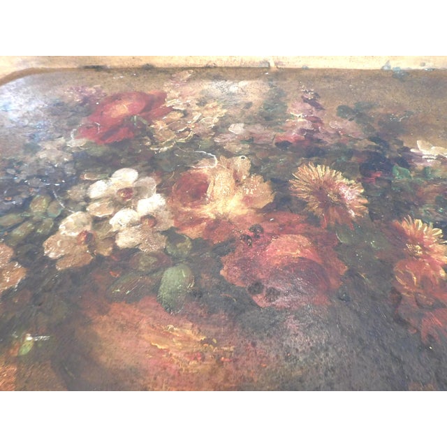 Metal Antique Hand-Painted French Floral Large Tole Tray For Sale - Image 7 of 12