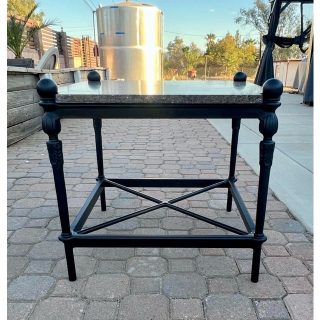 Black textured matte powder coated side table with new terrazzo marble top. the frame is cast aluminum with decorative...