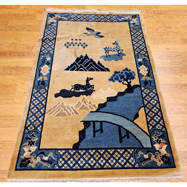 Textile Vintage Chinese Art Deco Pictorial Rug, Hand-Knotted Wool, Early 1900s, 5' x 7' For Sale - Image 7 of 15