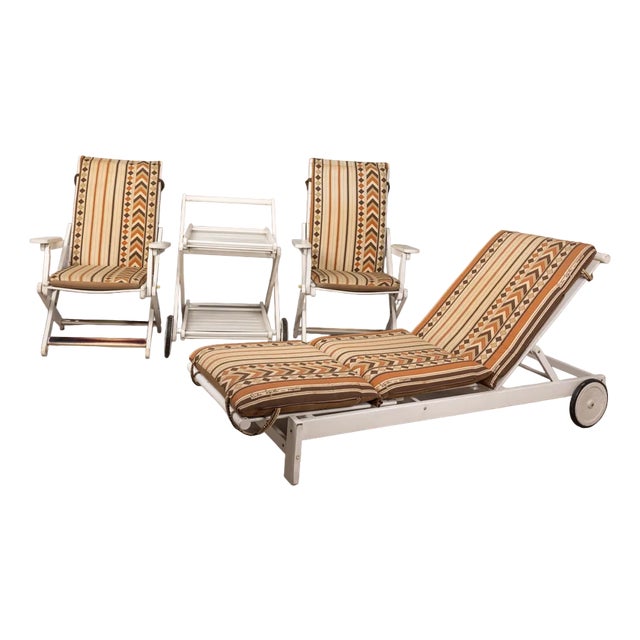 Vintage Fabric Deck Chairs and Trolley by Clara Agnelli Per Reguitti for Fratelli Reguitti, 1970s, Set of 4 For Sale