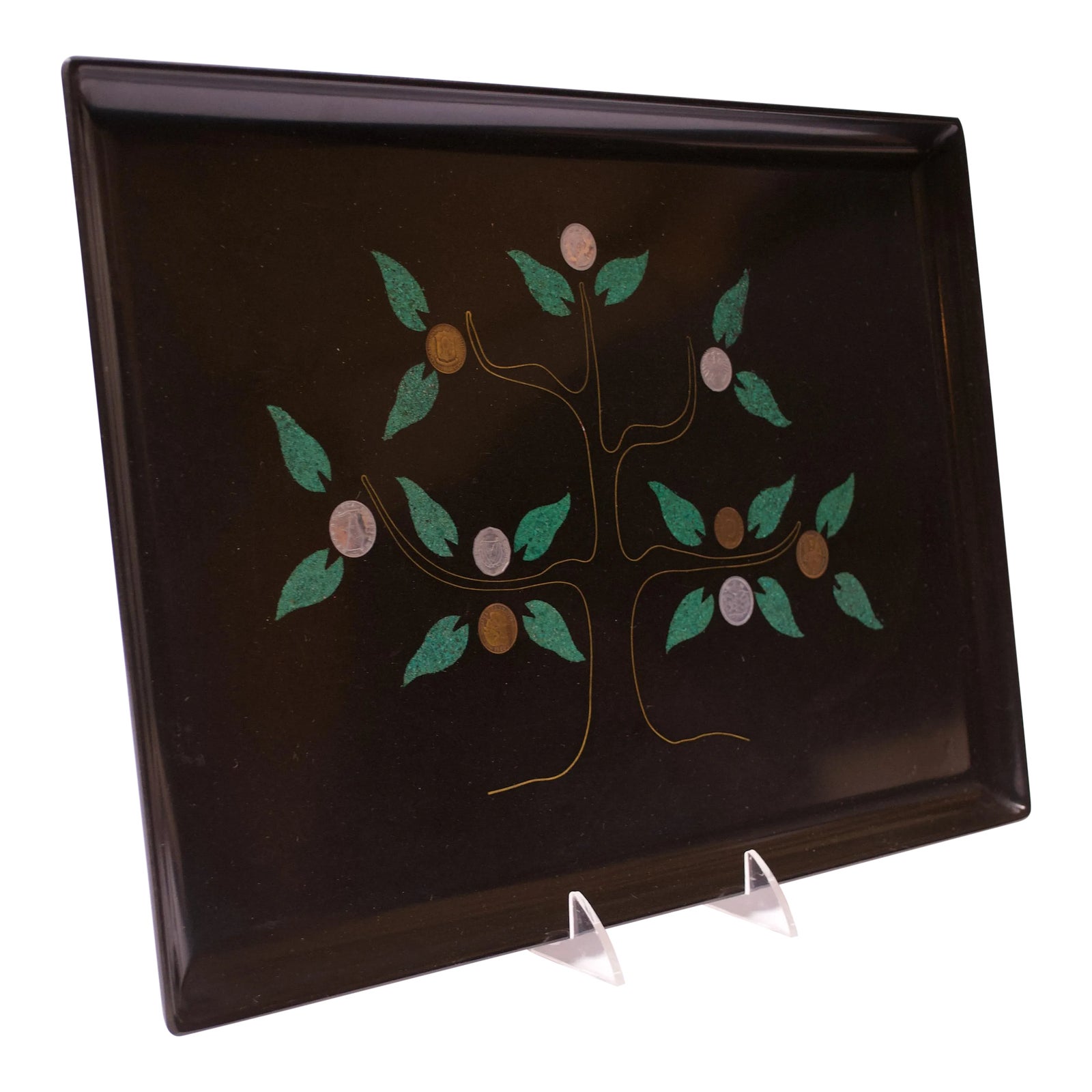 Large MidCentury Black Resin Inlaid "Tree of Life" Tray by Couroc