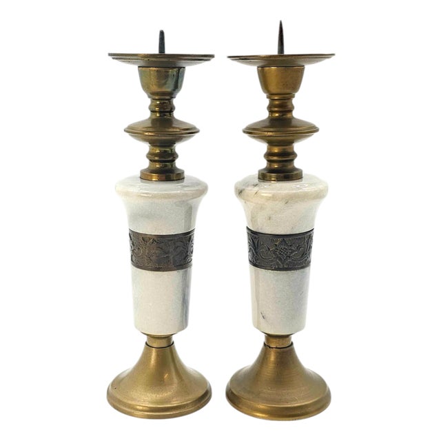 Mid-Century Indian Brass & White Marble Candlesticks Pair For Sale