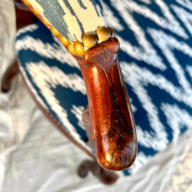 Late 19th Century English Mahogany George III Style Open Arm Chair Upholstered in a Navy and White Chevron Fabric For Sale - Image 6 of 7