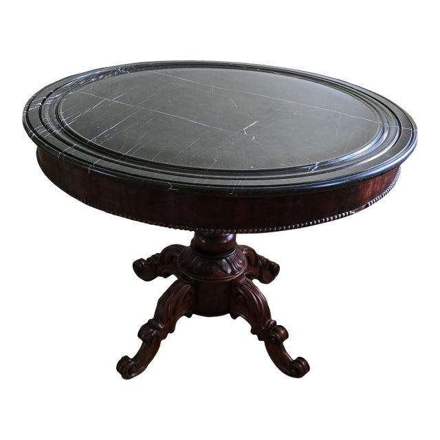 Antique French Mahogany Marble Top Table Hand Carved Pedestal C.1830s Louis Phillippe For Sale