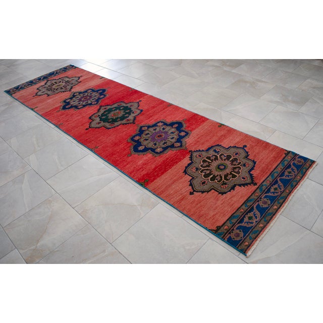 Red Distressed Oushak Runner Rug Low Pile Faded Colors Majestic Hallway Decor - 3'2″ X 11'1″ For Sale - Image 8 of 15