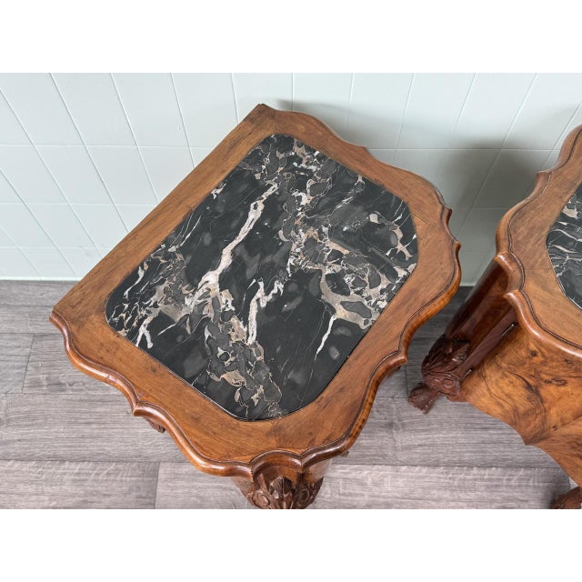 Vintage Walnut Bedside Tables with Marble Top, 1930s, Set of 2 For Sale - Image 17 of 18