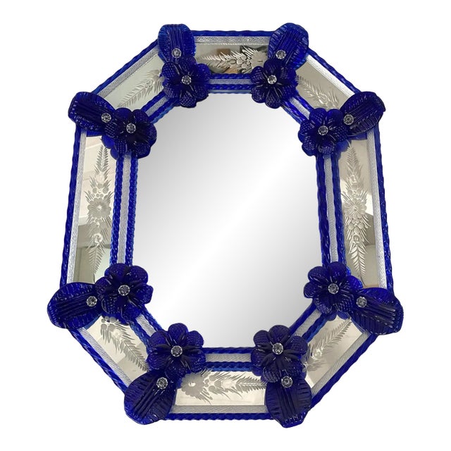 Italian Venetian Octagonal Murano Glass Wall Mirror With Blue Floral Hand-Carved Detailing For Sale
