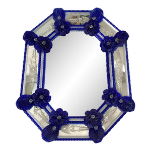 Italian Venetian Octagonal Murano Glass Wall Mirror With Blue Floral Hand-Carved Detailing