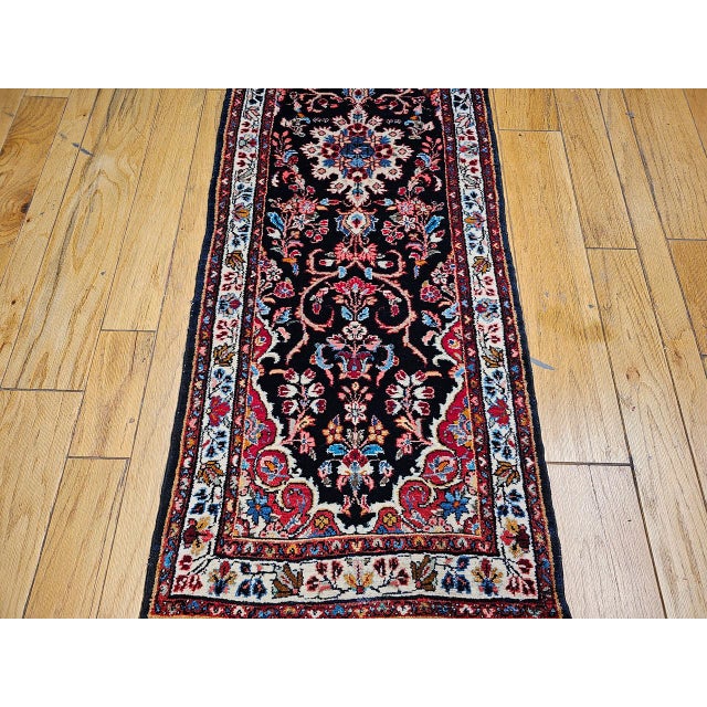 Vintage Bakhtiari Tribal Runner, Hand-Knotted Wool, Floral Bouquets & Medallions, Navy & Ivory, 3x12 For Sale - Image 11 of 16