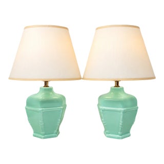 Vintage Mint Green Ceramic Table Lamps With Cream Shades - Pair For Sale