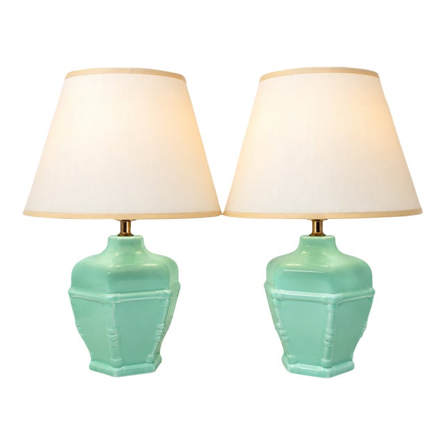 Vintage Mint Green Ceramic Table Lamps With Cream Shades - Pair For Sale