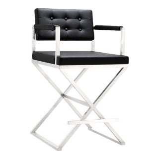 Director Black Vegan Leather & Steel Counter Stool For Sale