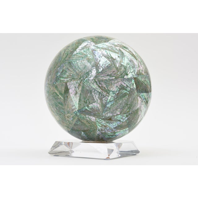 Contemporary Vintage Mother of Pearl Over Wood Sphere Orb Sculpture on Lucite Base For Sale - Image 3 of 10