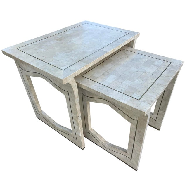 Marble Veneer & Brass Inlay Waterfall Nesting Tables, a Set of 2 | Hollywood Regency For Sale In Naples, FL - Image 6 of 12