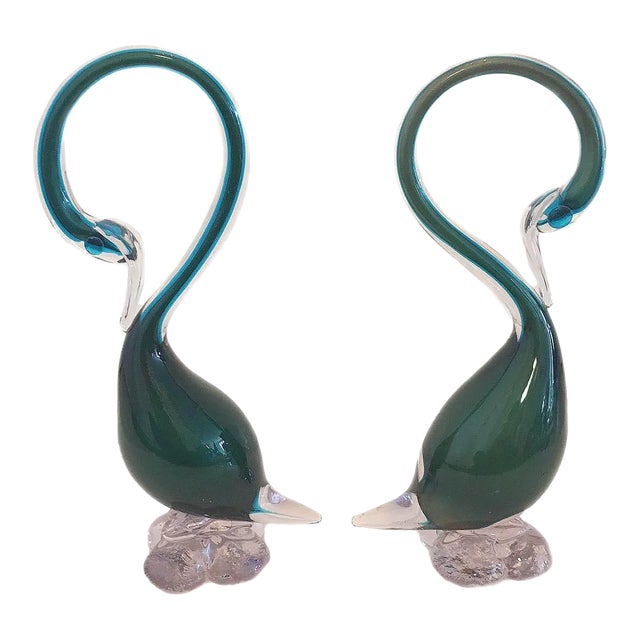 Vintage Murano Glass Swans in Teal Blue & Green - a Pair For Sale
