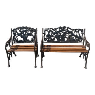 1980s Cast Bronze & Slatted Wood Patio Bench & Oversized Chair W/ Carved African Animals, 2 Pieces For Sale