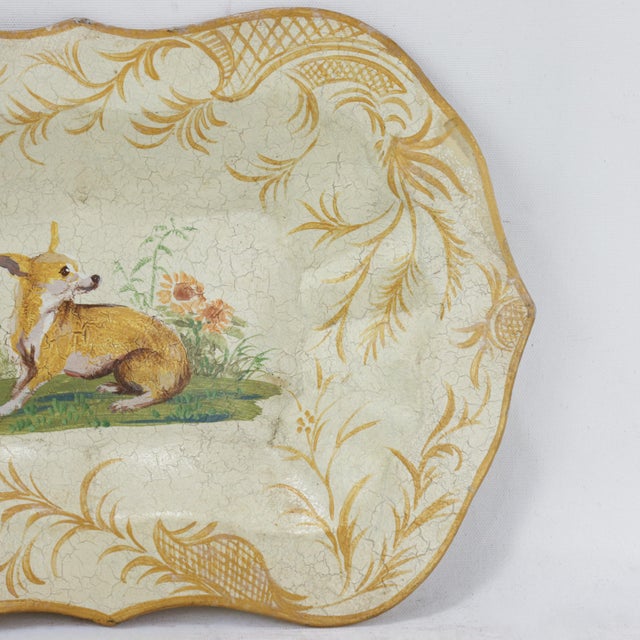 Metal Vintage Hand Painted Tole Tray Cream With Dog and Sunflower Motif Scalloped Serving Tray For Sale - Image 7 of 13
