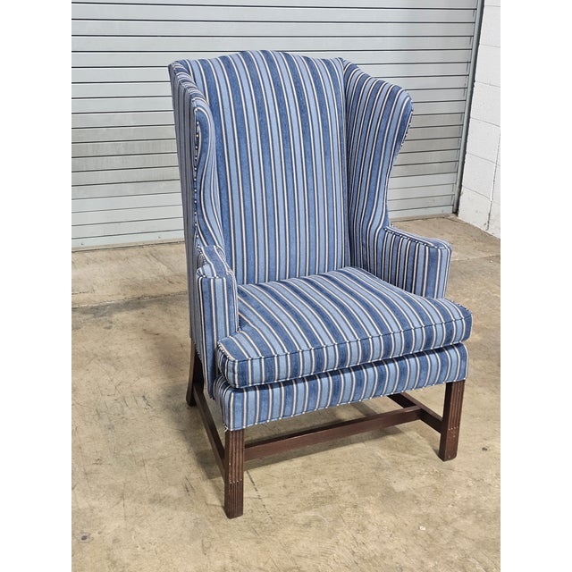 Stickley Late 20th Century Stickley Mahogany Williamsburg Hepplewhite Mahogany Wingback Chair Schumacher Fabric For Sale - Image 4 of 11