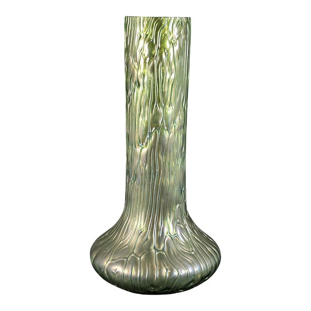 1900 Loetz Green Glass Textured Vase 10" For Sale