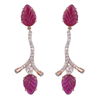 Set in 18k Gold, 7.75 Carats, Mozambique Ruby & Diamonds Chandelier Earrings, Pair For Sale